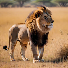 Lion in the savanna Africans wildlife landscape.