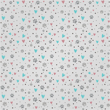 Dog paws and heart vector black and yellow pattern. Pet dog footprint.