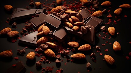 Dark chocolate pieces with roasted almonds scattered around on brown background - Powered by Adobe