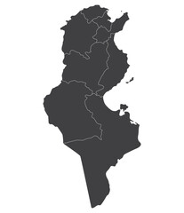 Tunisia map. Map of Tunisia in four main regions in grey color
