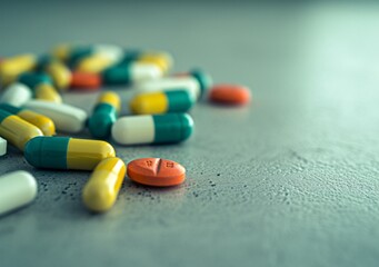 Some colorful pills on an empty white floor, featuring tilt-shift photography and colab in dark green and yellow.