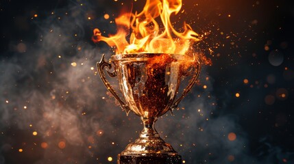 The flames igniting a trophy, featuring color photography pioneer, energetic gestures, and award-winning elements in dark gold and gray.