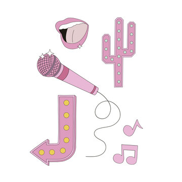 Retro party karaoke bar elements light bulb arrow cactus sign microphone singing woman mouth vector illustration set isolated on white. Wild west cowgirl disco 60s 70s 80s print colection. 