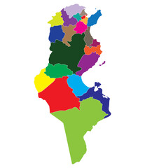 Tunisia map. Map of Tunisia in administrative provinces in multicolor
