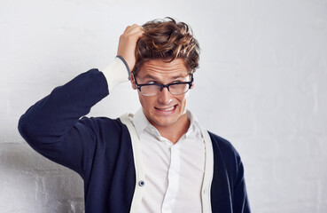 Business, stress and frustrated man with hands in hair for crisis, disaster or panic on wall...