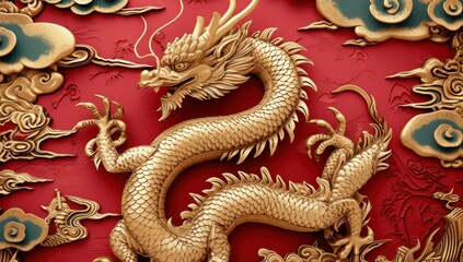 Fototapeta premium Chinese golden Dragon on red background, Chinese new year 2024