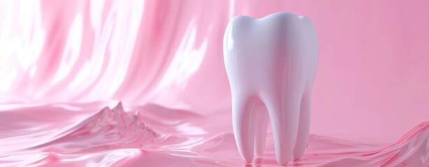 A white tooth is presented on a pink background, showcasing a smooth surface style.