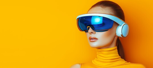 Young woman in hi tech glasses and headphones against vibrant background with copy space