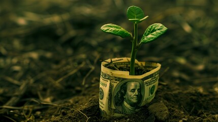 vase with dollar bill with growing plant symbolizing financial investment