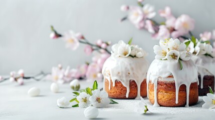 Fototapeta na wymiar Festive easter cakes with white icing, surrounded by spring blossom flowers. delicate pastel tones, celebration concept. ideal for holiday designs. AI