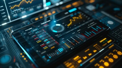 A high-tech user interface displaying complex data analytics, tablet synchronized to a dashboard featuring graphs and performance metrics, futuristic user interface with advanced data analytics.