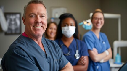 A happy dental team with diverse members posing confidently in a well-equipped dental clinic, smiling dental team in modern clinic.
