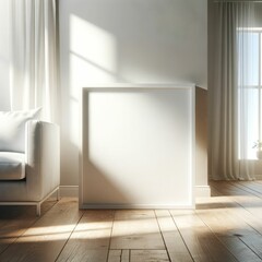 A mockup minimalist white square frame placed on a wooden floor within a cozy living room setting, with soft natural light filtering through windows