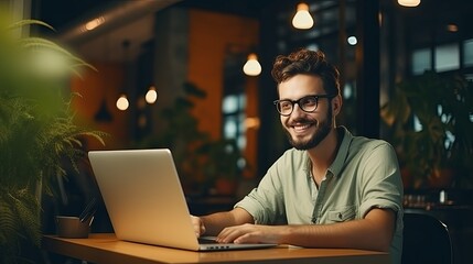 Happy smiling girl wearing eyeglasses while sitting at home interior and working on laptop, joyful freelancer woman using portable computer at modern co-working office, visual effects - obrazy, fototapety, plakaty