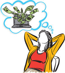 woman relaxing thinking in money concept electronic commerce vector illustration