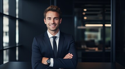 Happy young business man sitting at desk in office - obrazy, fototapety, plakaty