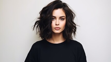 High fashion look.glamor beautiful sexy hot stylish Caucasian young brunette woman model in black hipster clothes posing near white wall