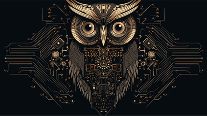 Abstract circuit board patterns forming a robotic owl  symbolizing the wisdom and learning capacity of AI. simple Vector Illustration art simple minimalist illustration creative