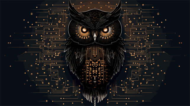 Abstract circuit board patterns forming a robotic owl  symbolizing the wisdom and learning capacity of AI. simple Vector Illustration art simple minimalist illustration creative