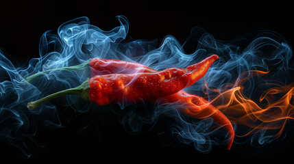 Obraz premium Fiery and Cool Conceptual Art of a Red Hot Chili Pepper with Smoke and Flames