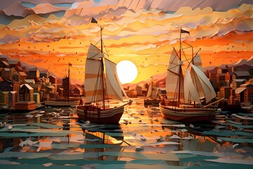 A paper art interpretation of a bustling harbor at sunset, with finely cut ships, reflections, and warm hues creating a picturesque and serene maritime scene.