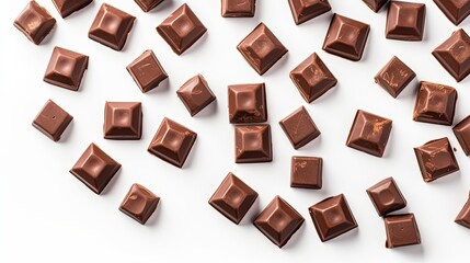 Milk chocolate pieces isolated on white background from top view