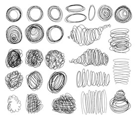 Hand drawn scribbles collection. Black pencil curly lines, drawing squiggles, curvature strokes. Scrawl vector textured elements isolated on white background.