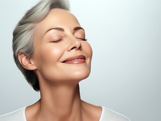 Fototapeta premium Radiant Mature Woman with Eyes Closed in Serene Expression