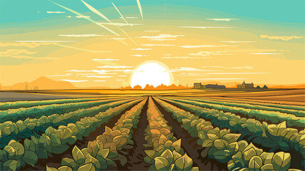Sun rising over a row of crops  symbolizing the importance of sunlight in agriculture. simple Vector Illustration art simple minimalist illustration creative - obrazy, fototapety, plakaty