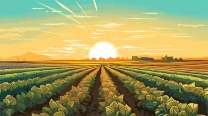 Foto op Canvas Sun rising over a row of crops  symbolizing the importance of sunlight in agriculture. simple Vector Illustration art simple minimalist illustration creative © J.V.G. Ransika