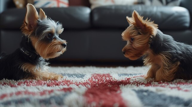 a sweet yorkie girl and boy playing in the living room on the background English flag decoration