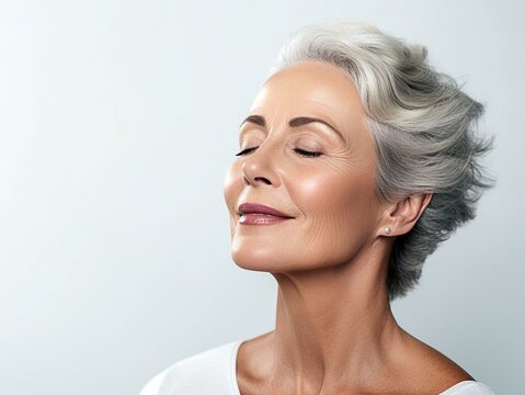 Radiant Mature Woman with Eyes Closed in Serene Expression