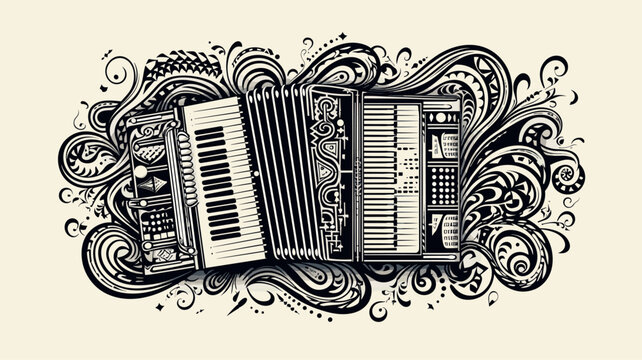 black and white accordion with decorative swirls clip art preview