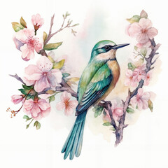 a bird sitting on a branch of a tree with flowers in the background and a watercolor painting of a bird on the branch, generative ai