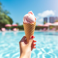 Female hand with red manicure holds yellow ice cream on a hot day on background of a blue pool.
