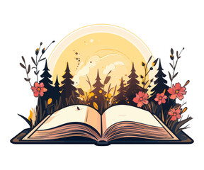 An open book sits on top of a vibrant green field, providing a tranquil setting for reading or studying.