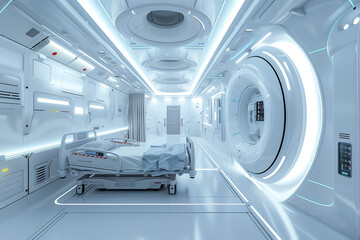 A futuristic hospital room with sleek technology integrated into the design.