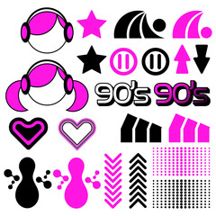 Group of retro futuristic elements in style 90's. Y2k abstract geometric shapes and objects in pink and black colors