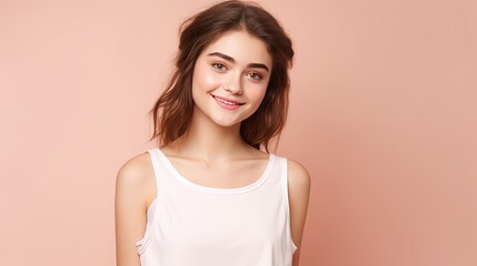 Obraz premium Portrait of cute charming nice pretty teen teenager look hairstyle hair feel glad attractive lovely wear white light-colored top singlet isolated pastel beige background