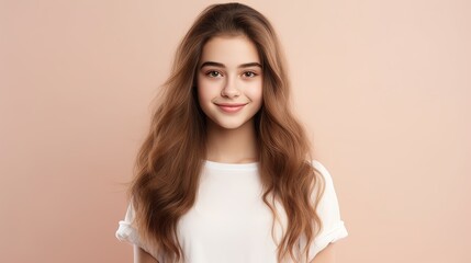 Fototapeta premium Portrait of cute charming nice pretty teen teenager look hairstyle hair feel glad attractive lovely wear white light-colored top singlet isolated pastel beige background