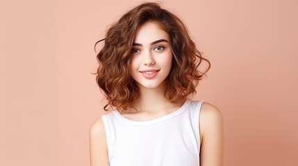 Obraz premium Portrait of cute charming nice pretty teen teenager look hairstyle hair feel glad attractive lovely wear white light-colored top singlet isolated pastel beige background