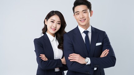 Portrait of successful business asian couple in suit with arms crossed and smile isolated over white background