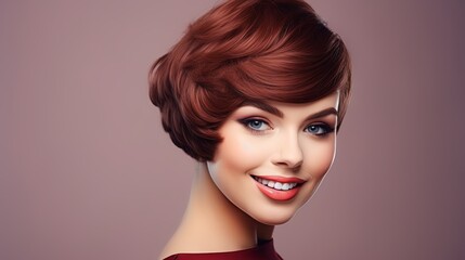 Smiling Beautiful Woman With Brown Short Hair. Haircut. Hairstyle. Fringe. Professional Makeup.