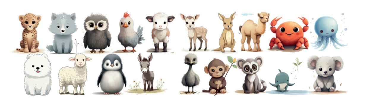 Adorable Collection of Illustrated Baby Animals and Mythical Creatures in a Soft and Appealing