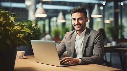Smiling young businessman wearing a blazer sitting alone at his desk in a large modern office working online with a laptop - obrazy, fototapety, plakaty