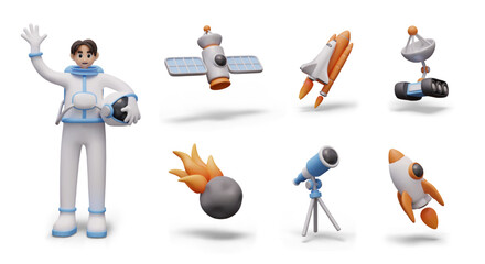 Astronaut, satellite, comet, shuttle, rover, rocket, telescope