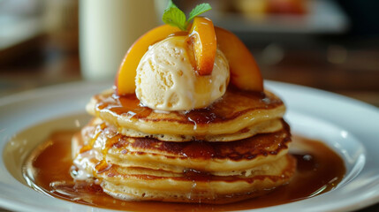 A stack of fluffy pancakes topped with grilled peaches a generous scoop of vanilla ice cream and a drizzle of caramel sauce. The combination of warm caramelized peaches and - Powered by Adobe