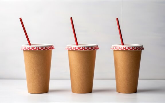 Red Paper Cups To Drink With Straw On A White Background