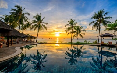 Fototapeta na wymiar Silhouette coconut palm tree around outdoor swimming pool in hotel and resort