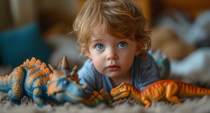 The little blond boy happily plays with dinosaur toys and fun toys in the room